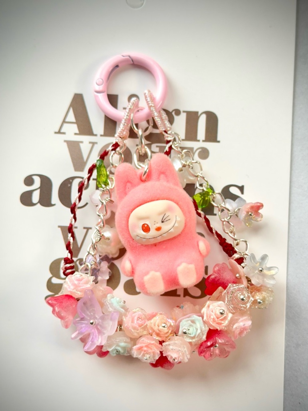 Cute Pink Suede Labubu Charm 🌸 Glow-in-the-Dark Floral Keychain for Bags，Phones